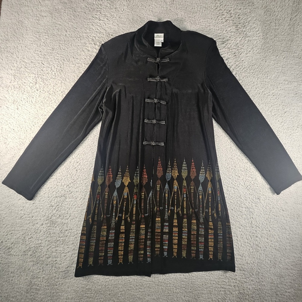 Vtg Norm Thompson Cardigan Womens M Black Militay Tribal Artsy Asian Duster Boho